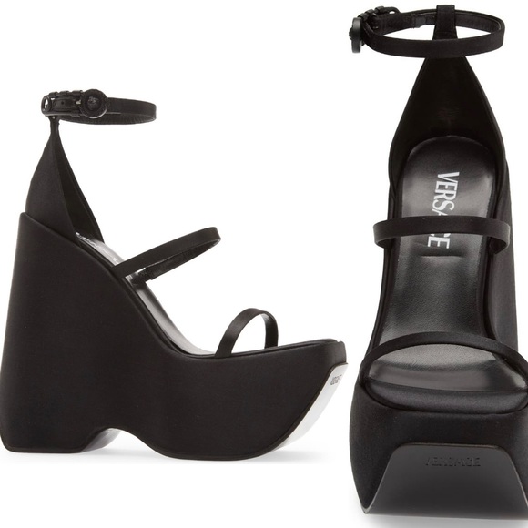 Versace Tri-Platform Satin Platform Wedge Sandal 160mm Strappy Square Toe Heel - Picture 15 of 15